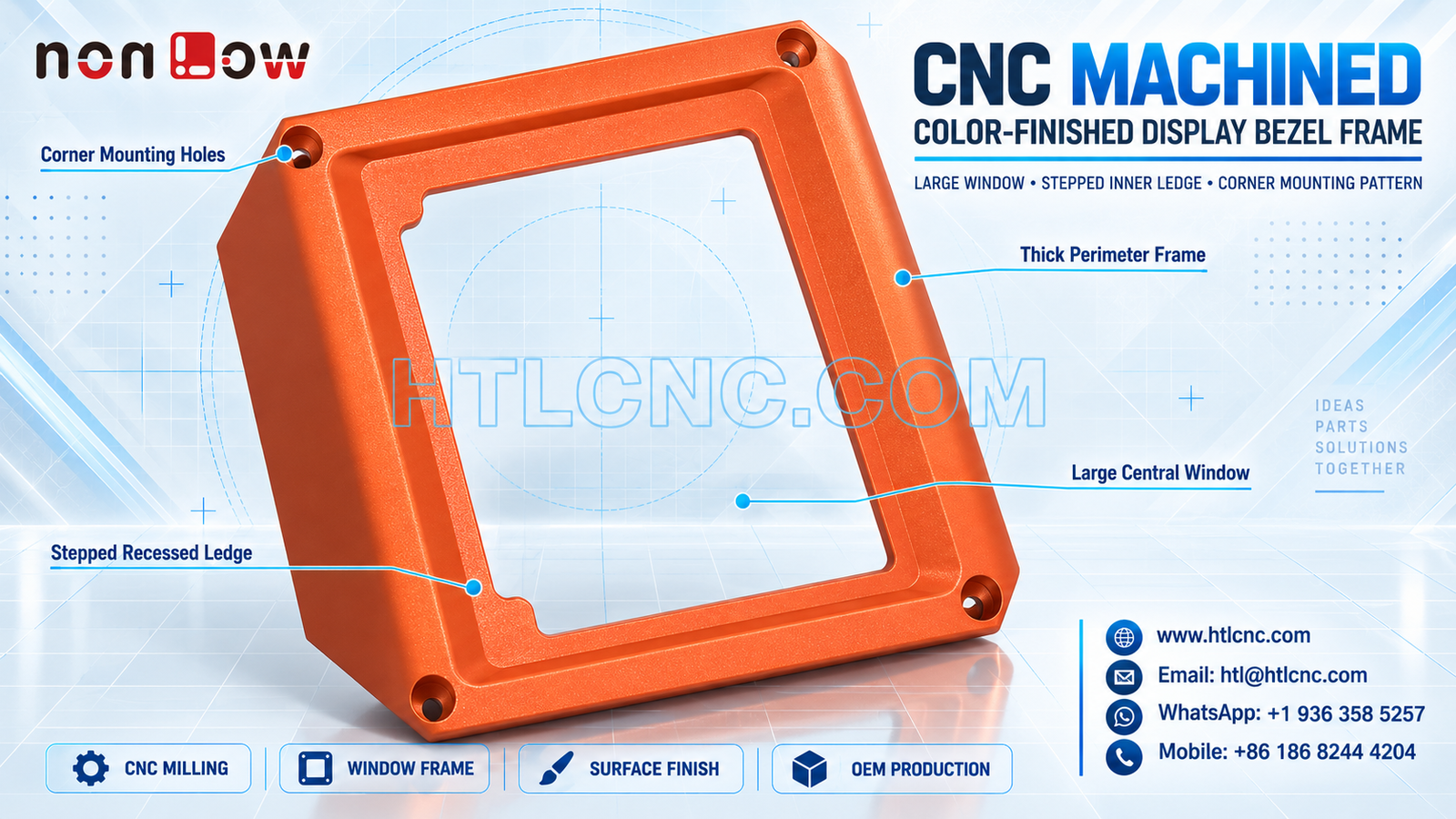 CNC Machined Display Bezel Frame with Window, Ledge and Mounting-Pattern Control