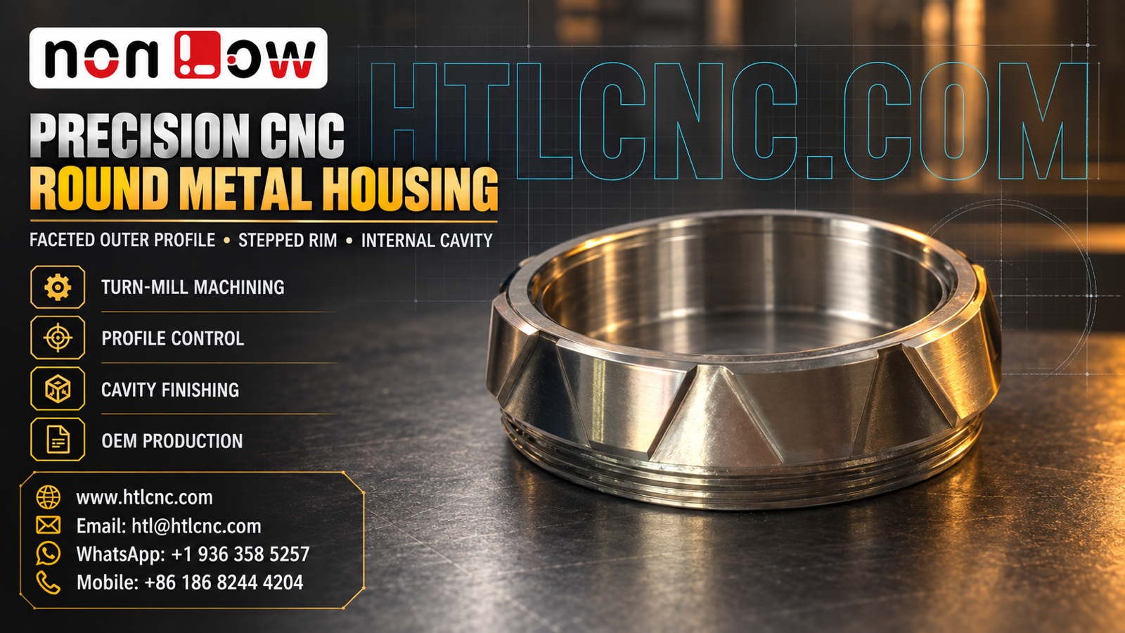 Precision CNC Round Metal Housing with Faceted Profile, Cavity and Rim Control