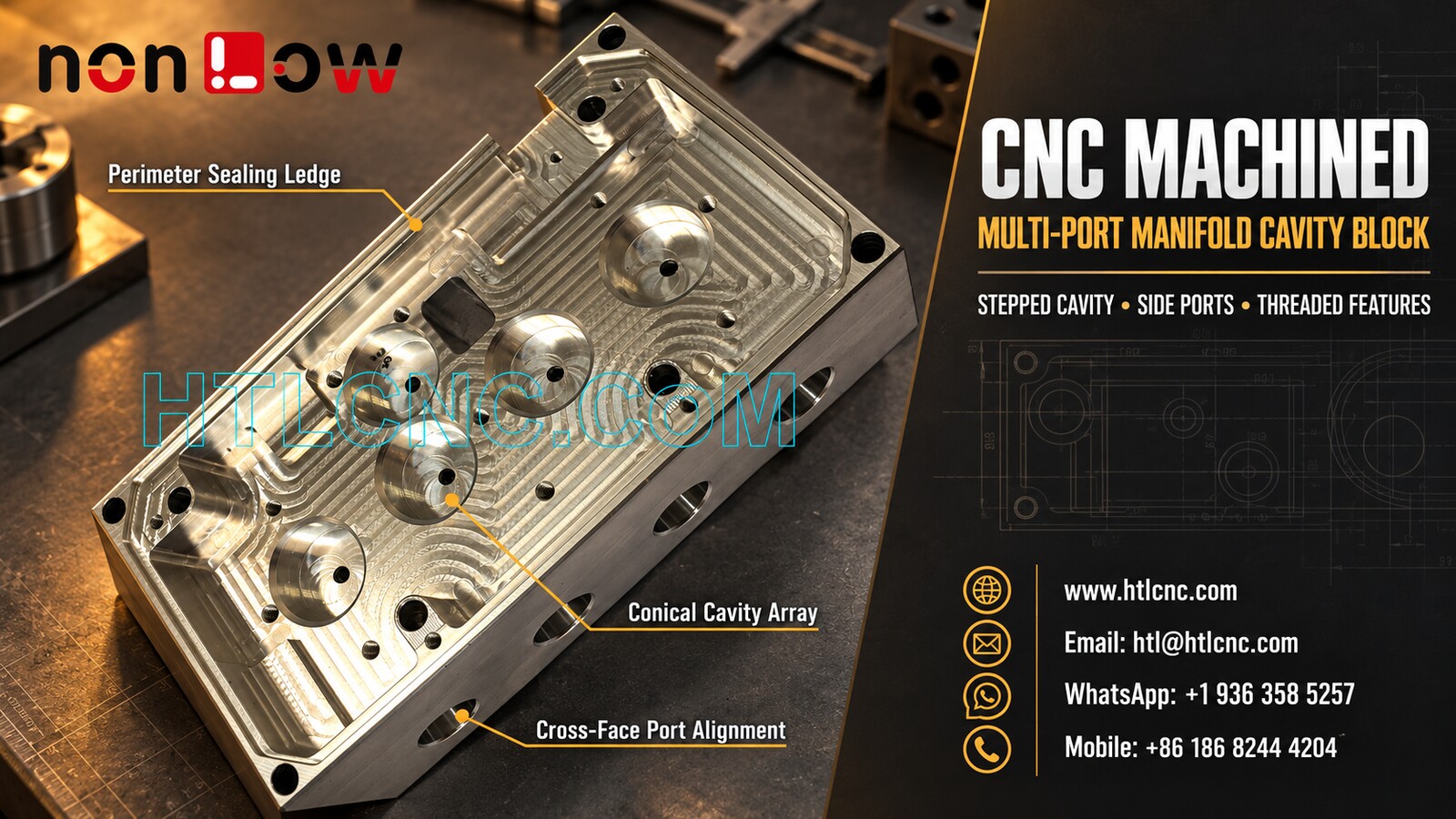 CNC Machined Multi-Port Manifold Cavity Block: Cross-Face Port and Sealing-Ledge Control