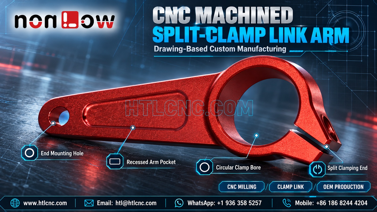 CNC Machined Split-Clamp Link Arm: Bore, Slot and End-Hole Datum Control