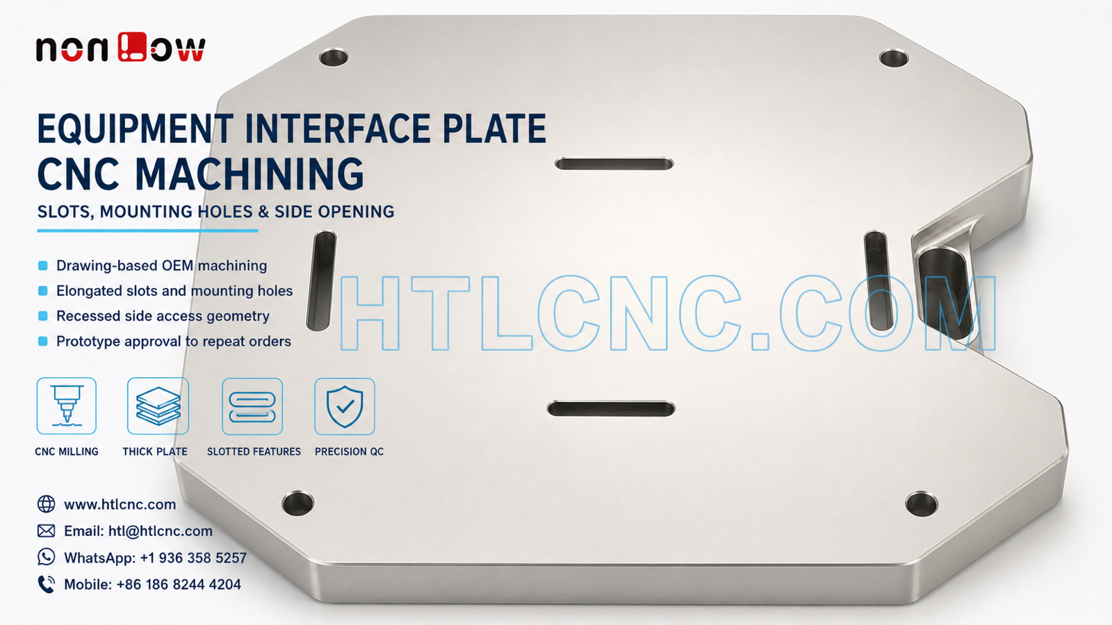 CNC Machined Equipment Interface Plate with Elongated Slots and Recessed Side Opening