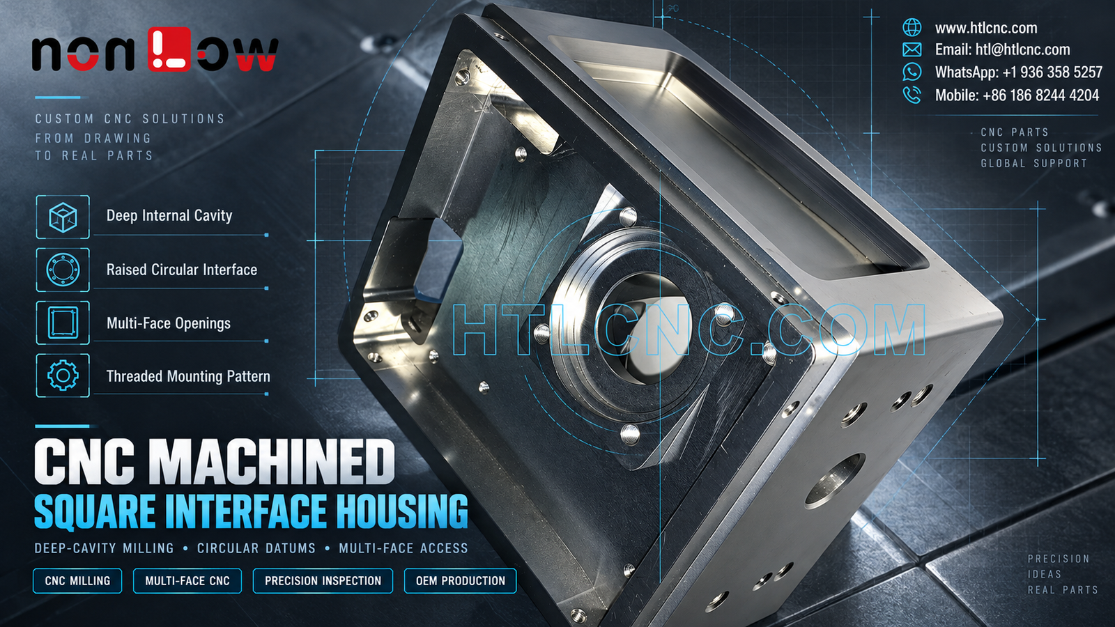 CNC Machined Square Interface Housing with Circular Datum and Multi-Face Control