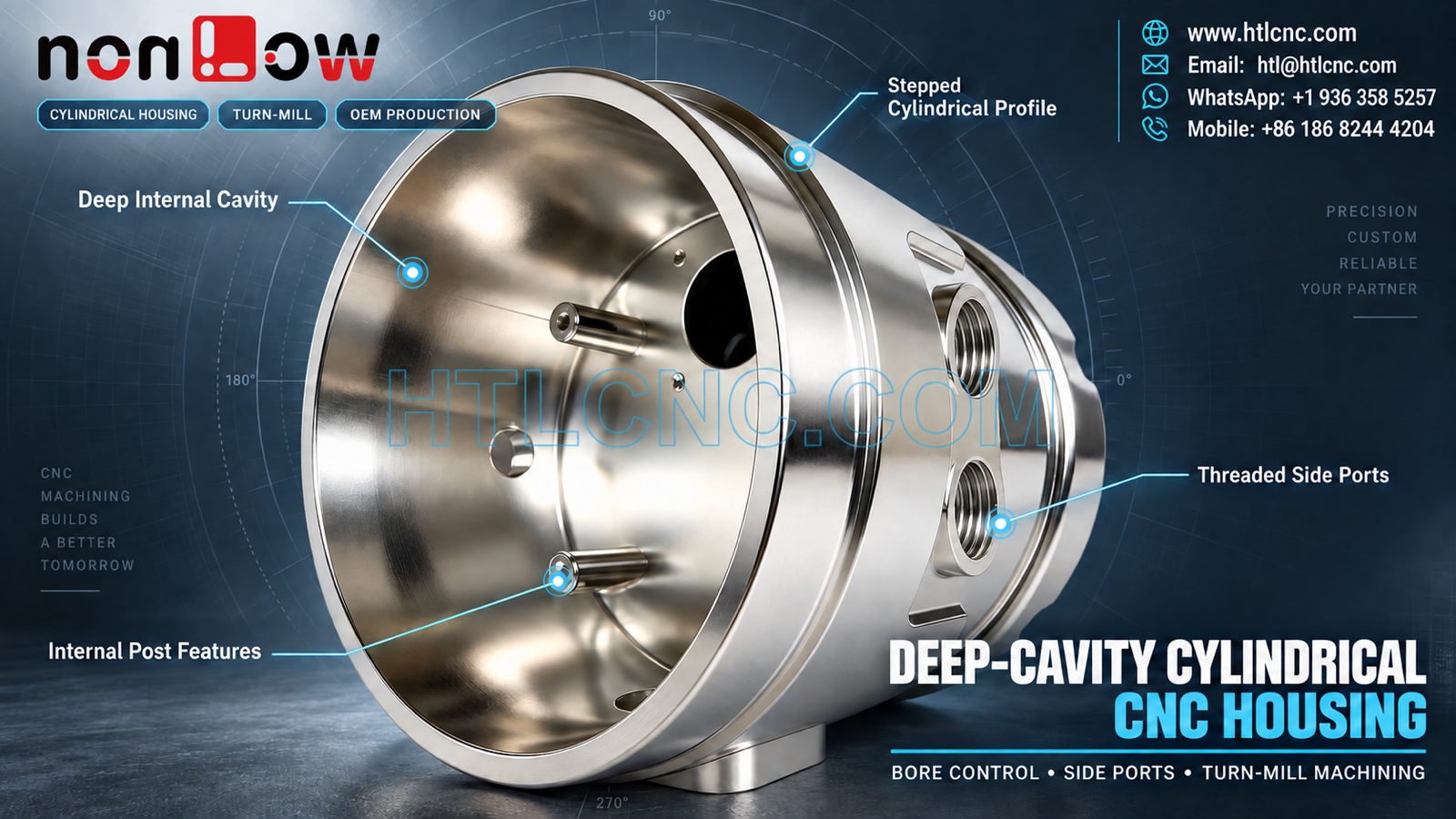 Deep-Cavity Cylindrical CNC Housing with Side-Port and Bore Control