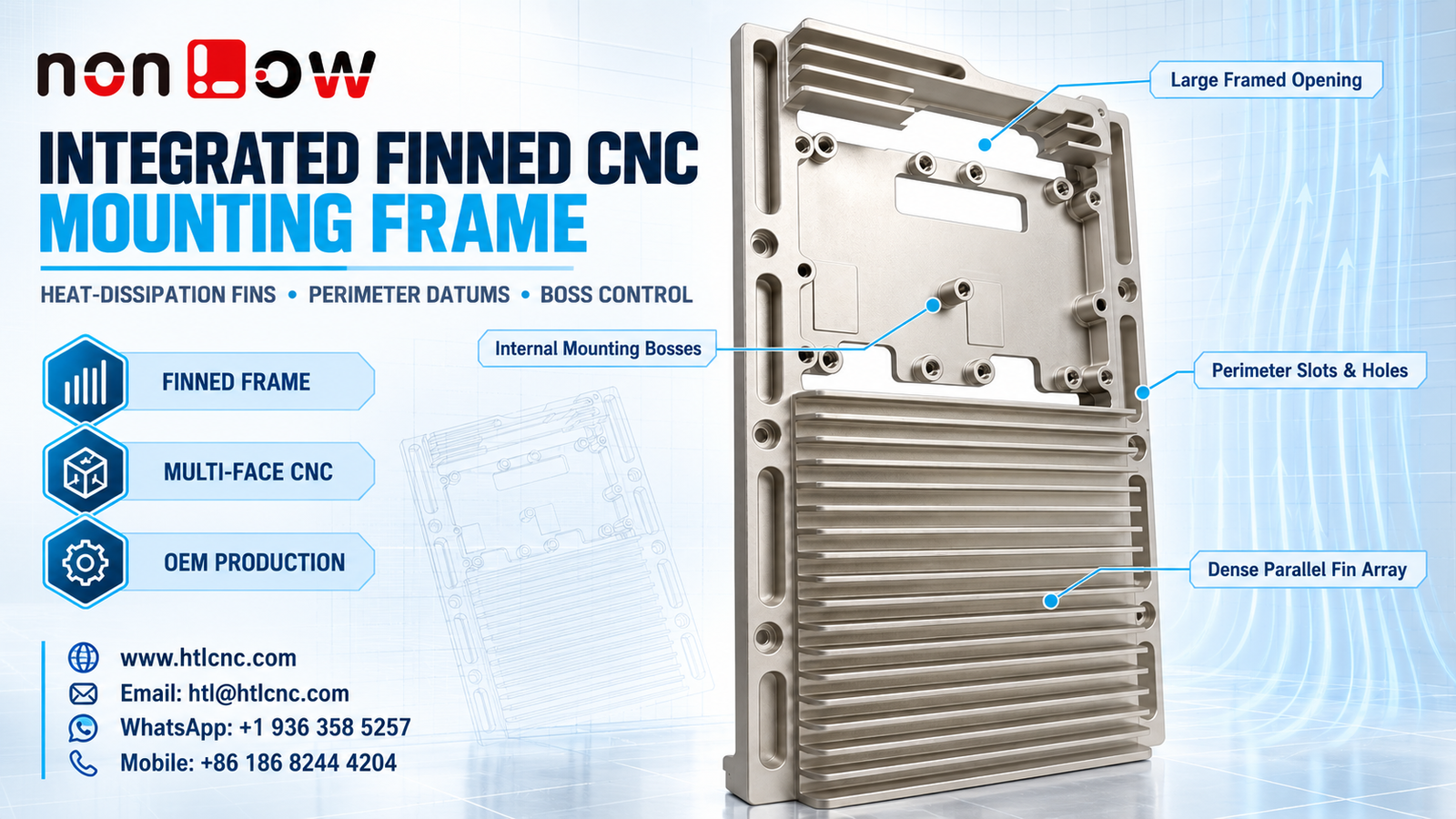 Integrated Finned CNC Mounting Frame with Perimeter Datum and Boss Control