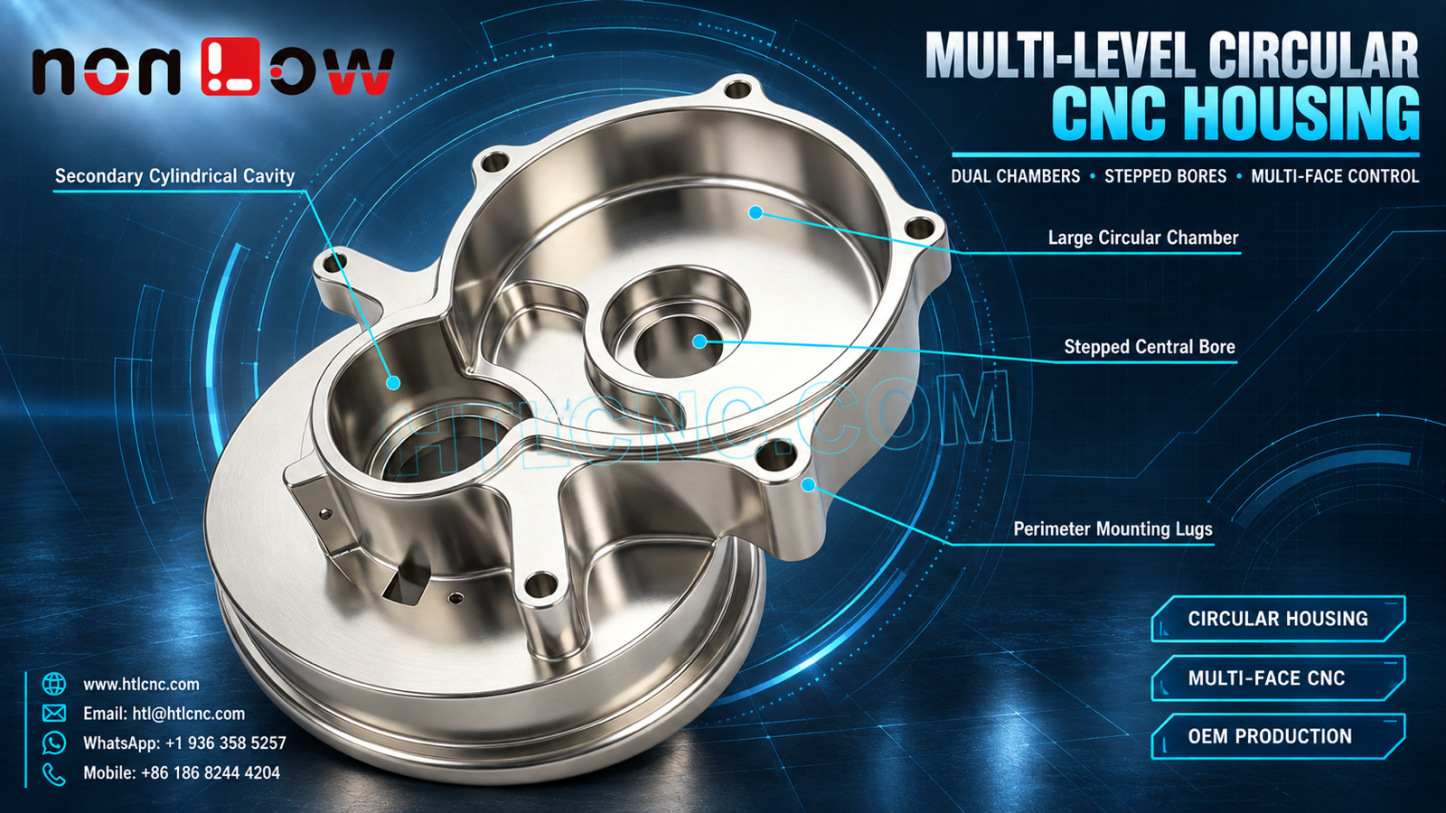 Multi-Level Circular CNC Housing with Dual-Chamber and Stepped-Bore Control