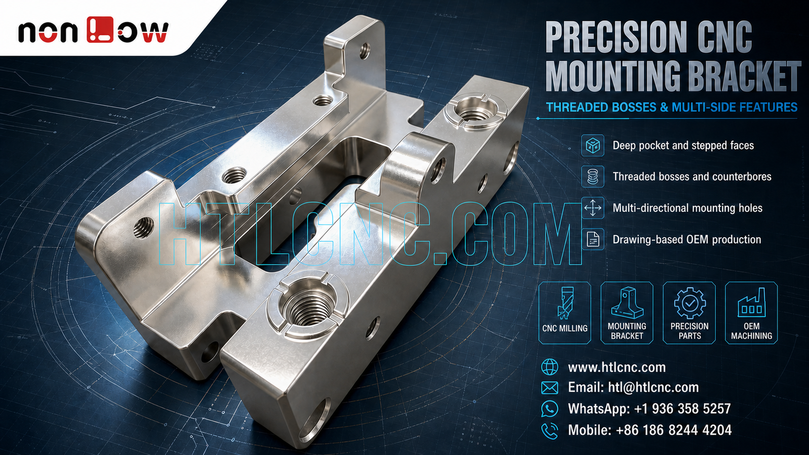 Precision CNC Machined Mounting Bracket with Threaded Bosses and Multi-Side Holes