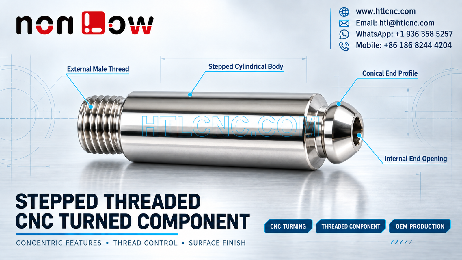 Stepped Threaded CNC Turned Component with Concentric Bore and Shoulder Control